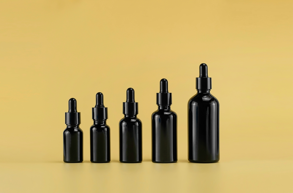 black glass bottles with droppers